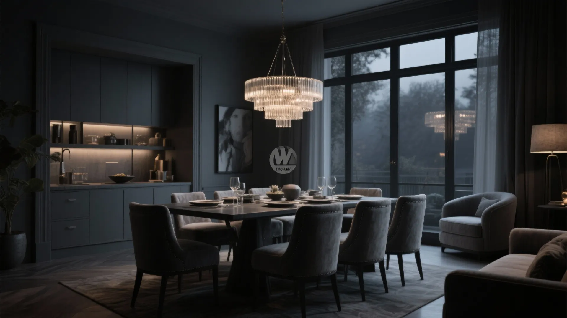 Charcoal grey dining room with warm lighting setup