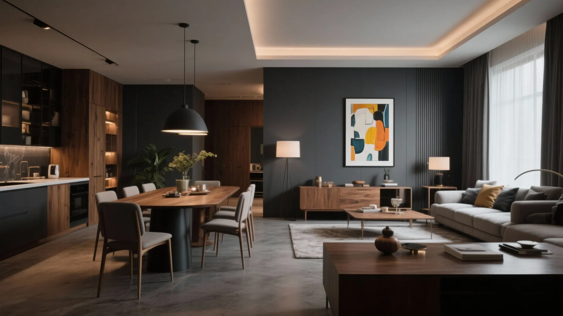 Modern dark living room with grey walls wooden dining table sofa cabinet and black ceiling light