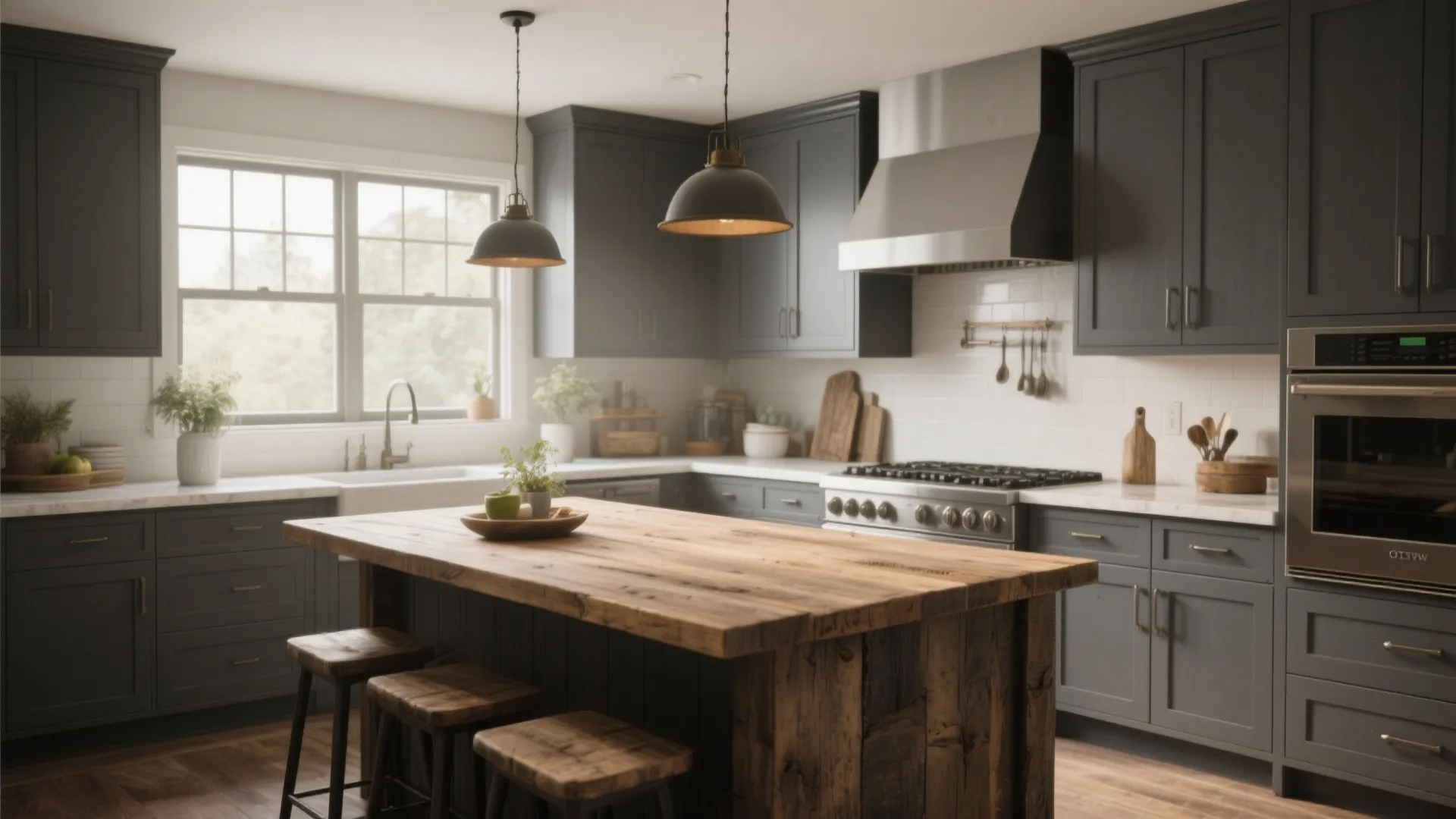 Modern charcoal grey kitchen with wooden island breakfast bar black ceiling lights and white tiles