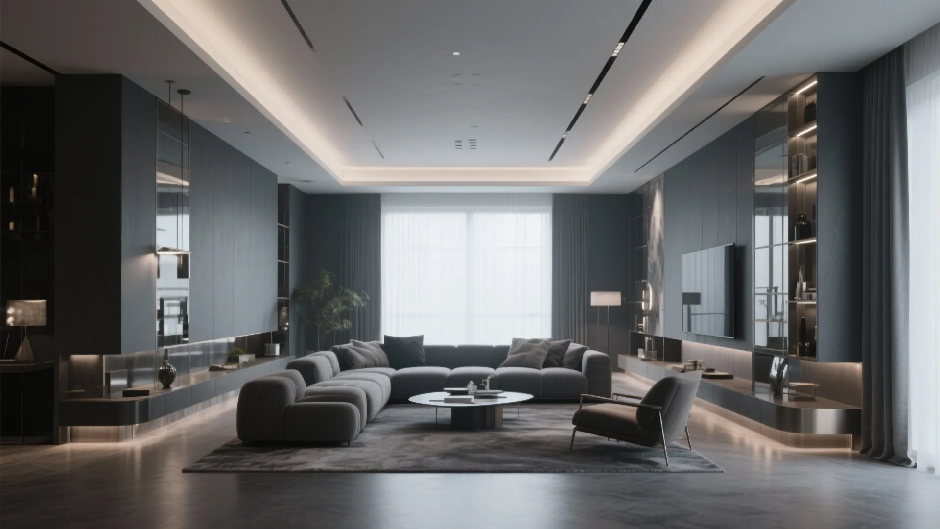 Modern charcoal grey living room with large sectional sofa coffee table television and recessed ceiling light