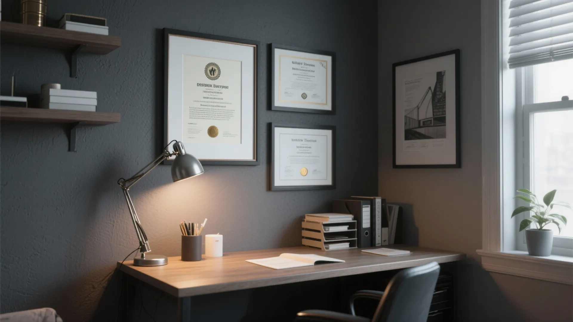 Modern dark grey study with wooden desk desk lamp framed certificates wall shelves and office chair