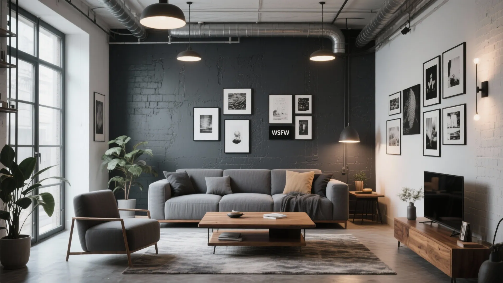 Charcoal grey feature wall behind modern sofa