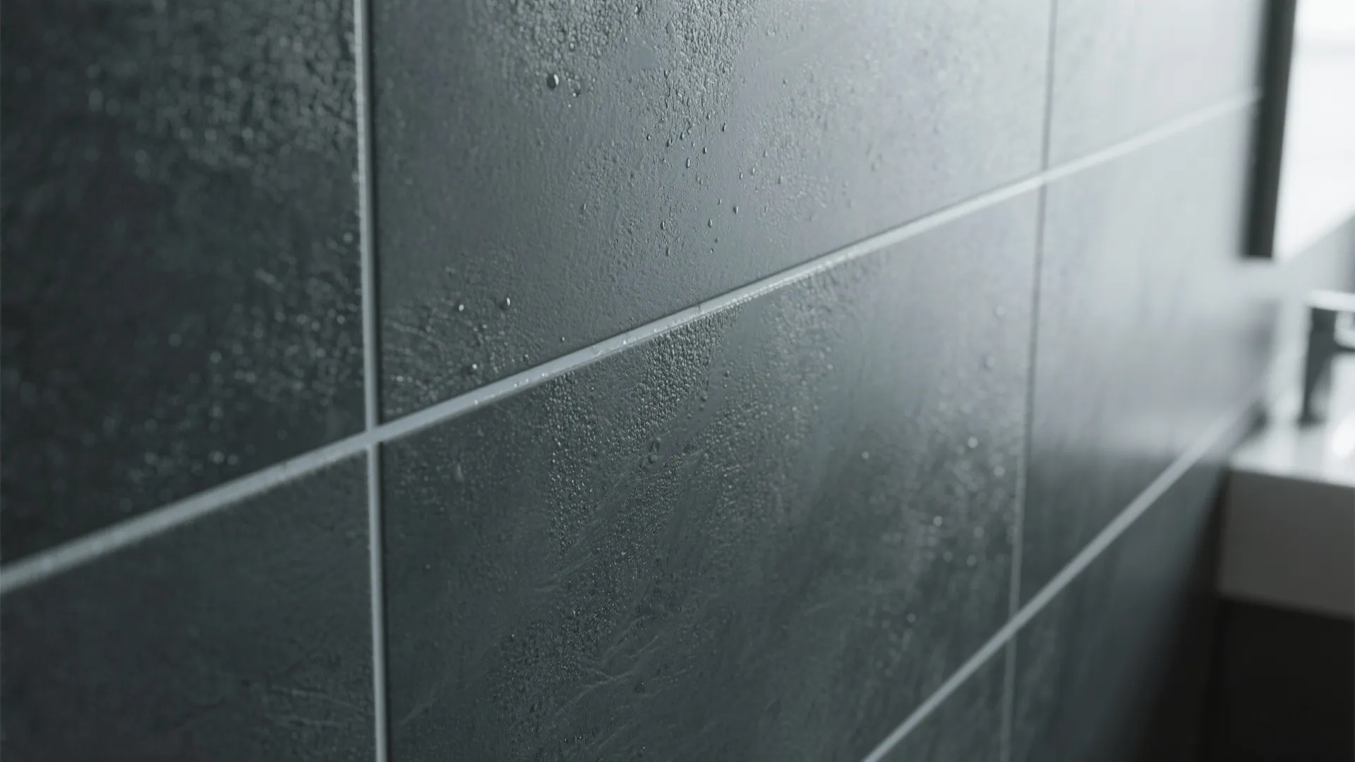 Matte charcoal tiles with light grout contrast
