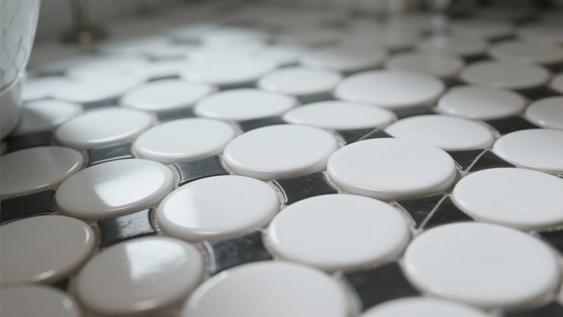 Close up view of white round floor tiles with black grout and small black square accents