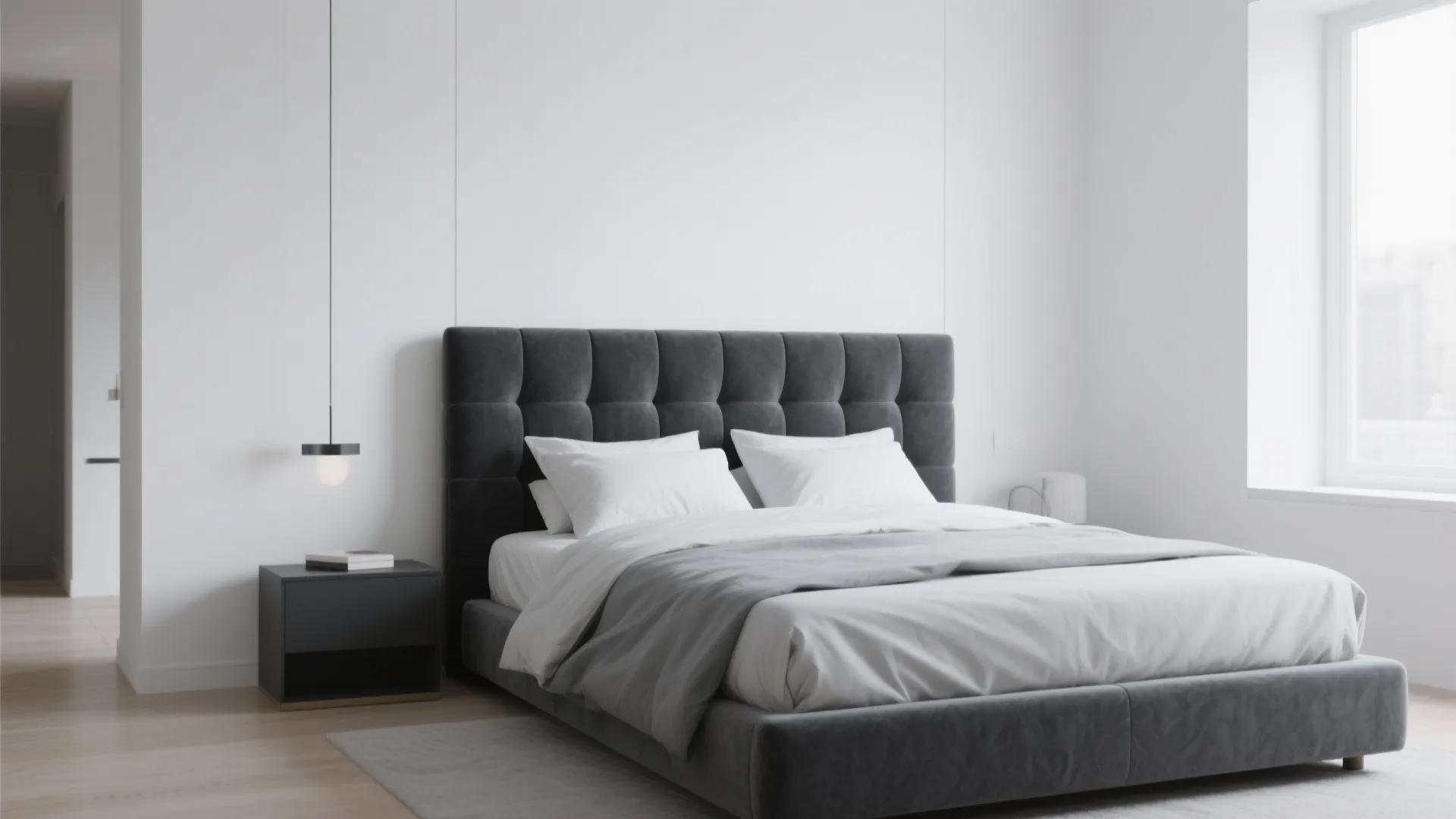 Modern bedroom featuring a gray upholstered bed black nightstand hanging light fixture and bright window