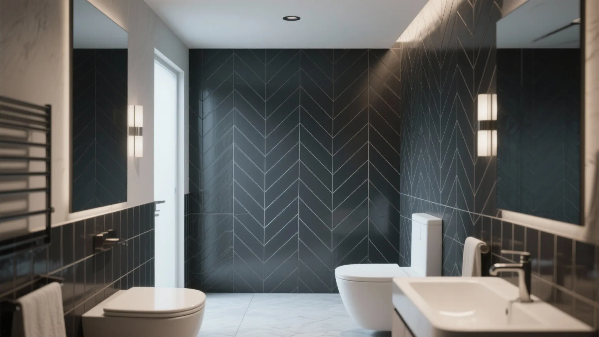 3. Charcoal Subway Tiles in a Herringbone Pattern