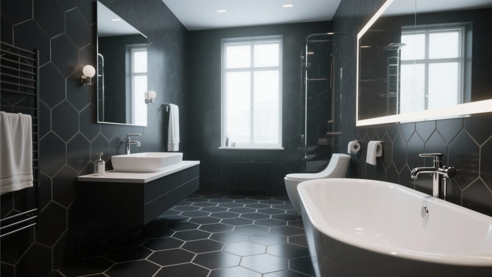 Dark bathroom with black hexagon wall tiles white bathtub floating sink mirrors and bright window