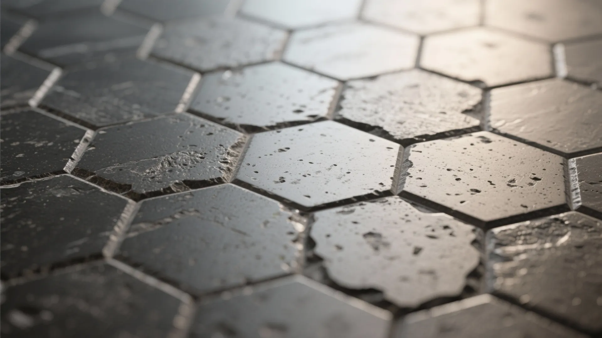 Charcoal hex matte floor with light walls for contrast