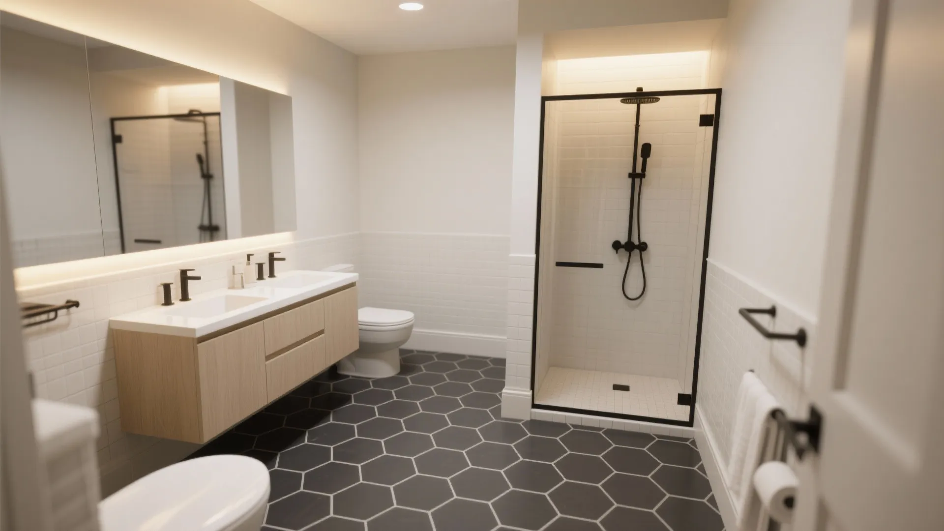 Charcoal hex matte floor with light walls for contrast