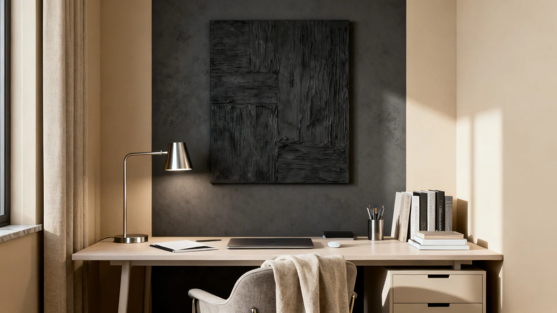 Minimalist workspace with wooden desk silver table lamp black wall art and light grey chair
