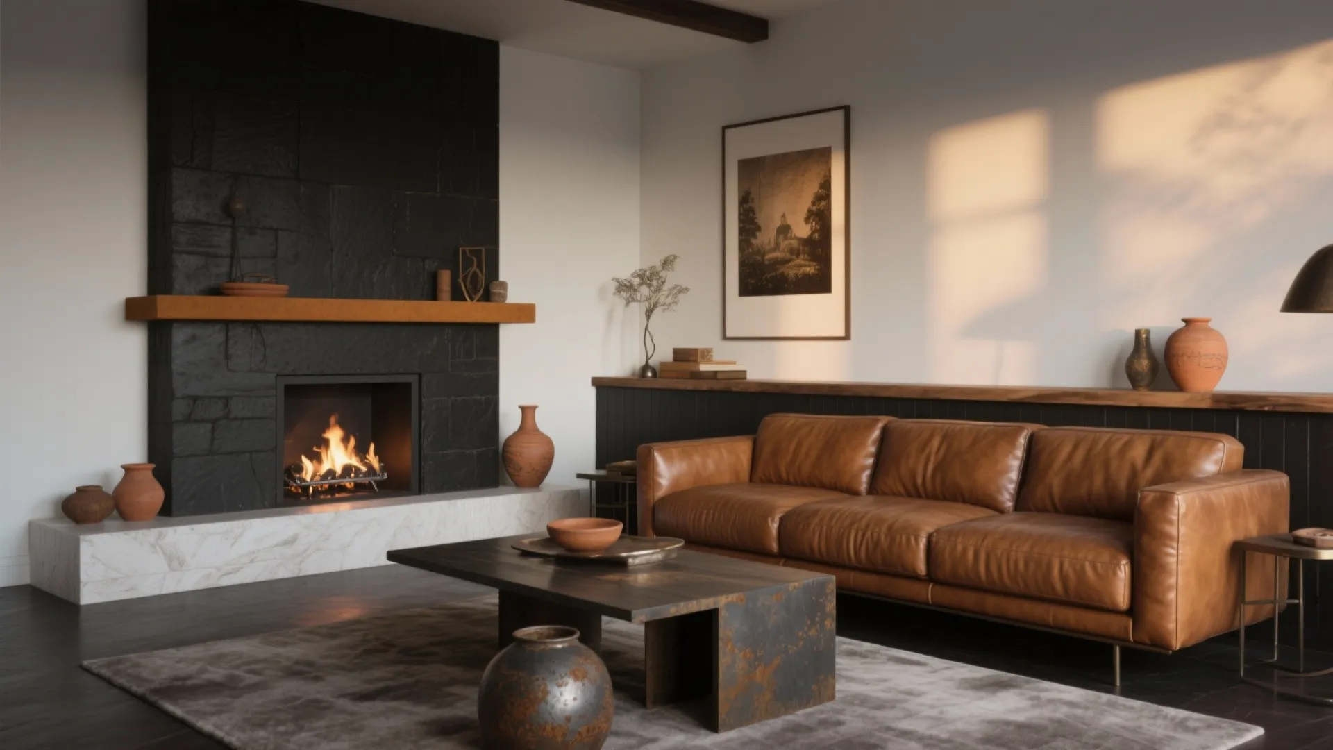 Modern living room with a black stone fireplace, brown leather sofa, coffee table, and vases