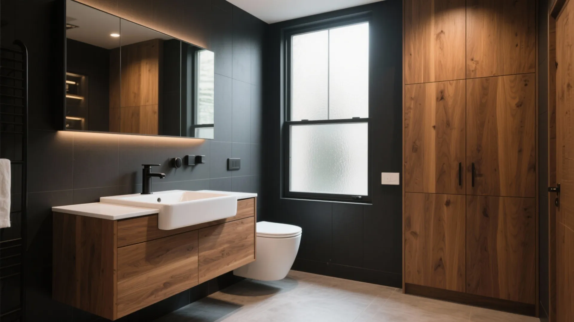 Honey oak cabinets with charcoal walls in modern bathroom