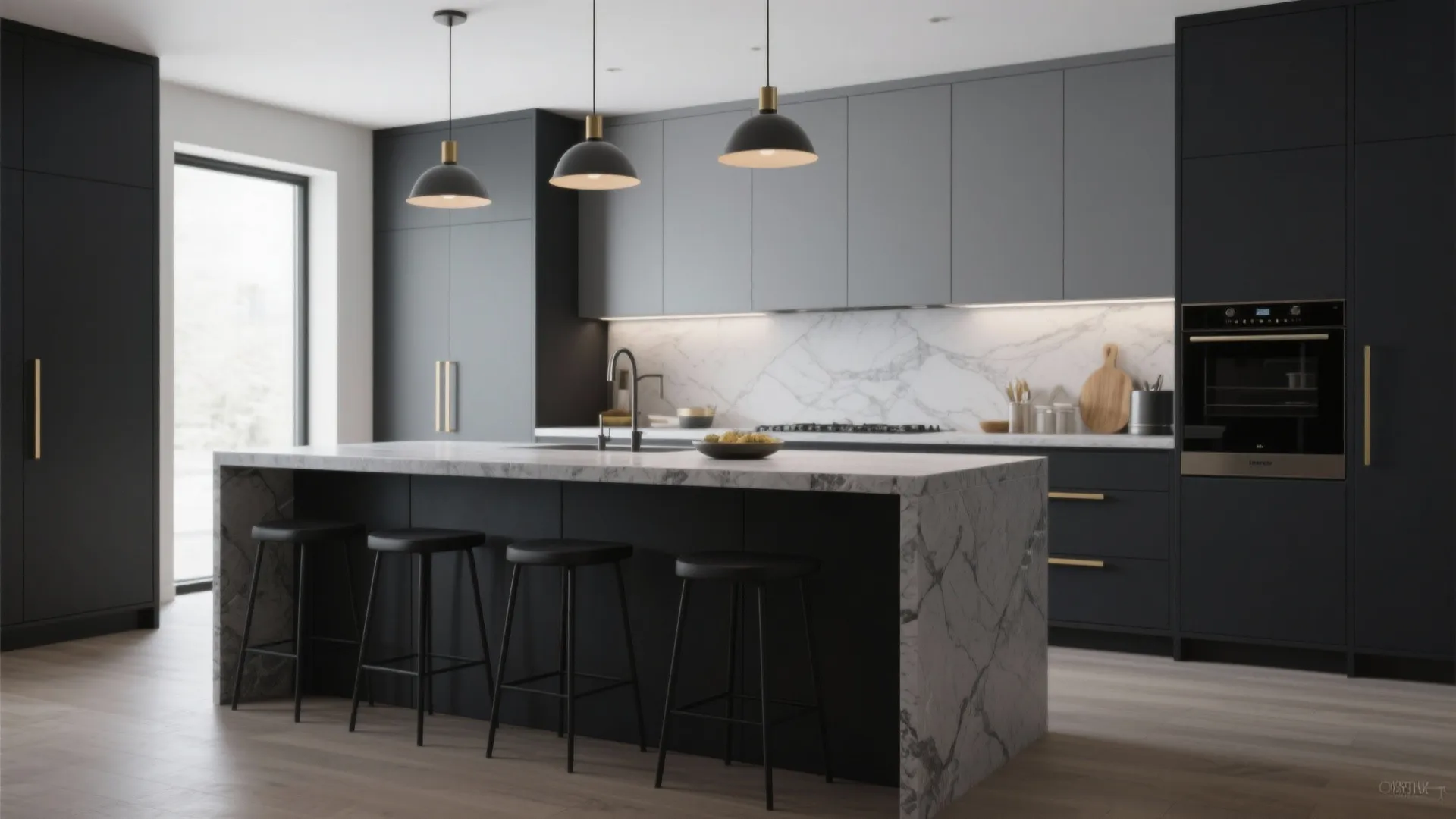 Modern black kitchen with marble island three black bar stools and gold colored ceiling lights