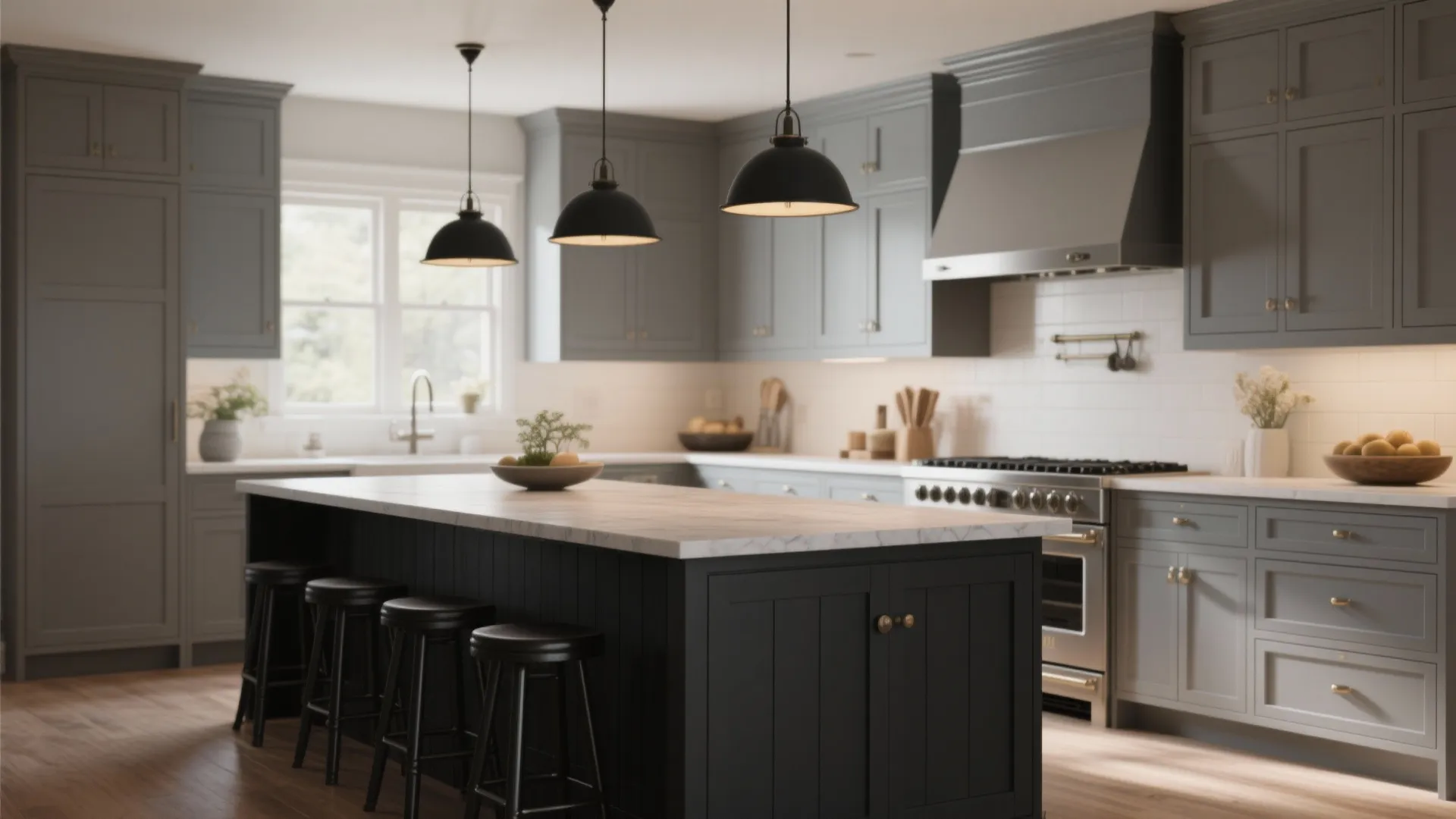 Kitchen with a charcoal Shaker island and lighter gray perimeter cabinets with seating