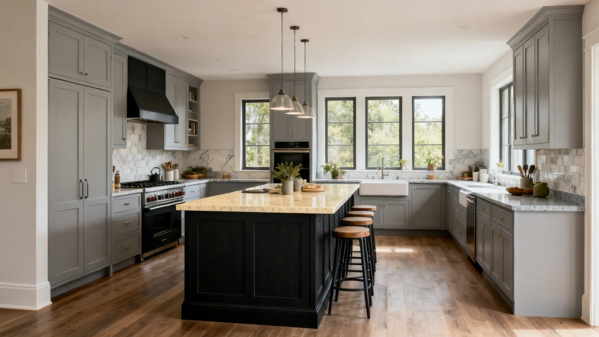 Modern kitchen with black island marble top grey cabinets wood floor and three light fixtures