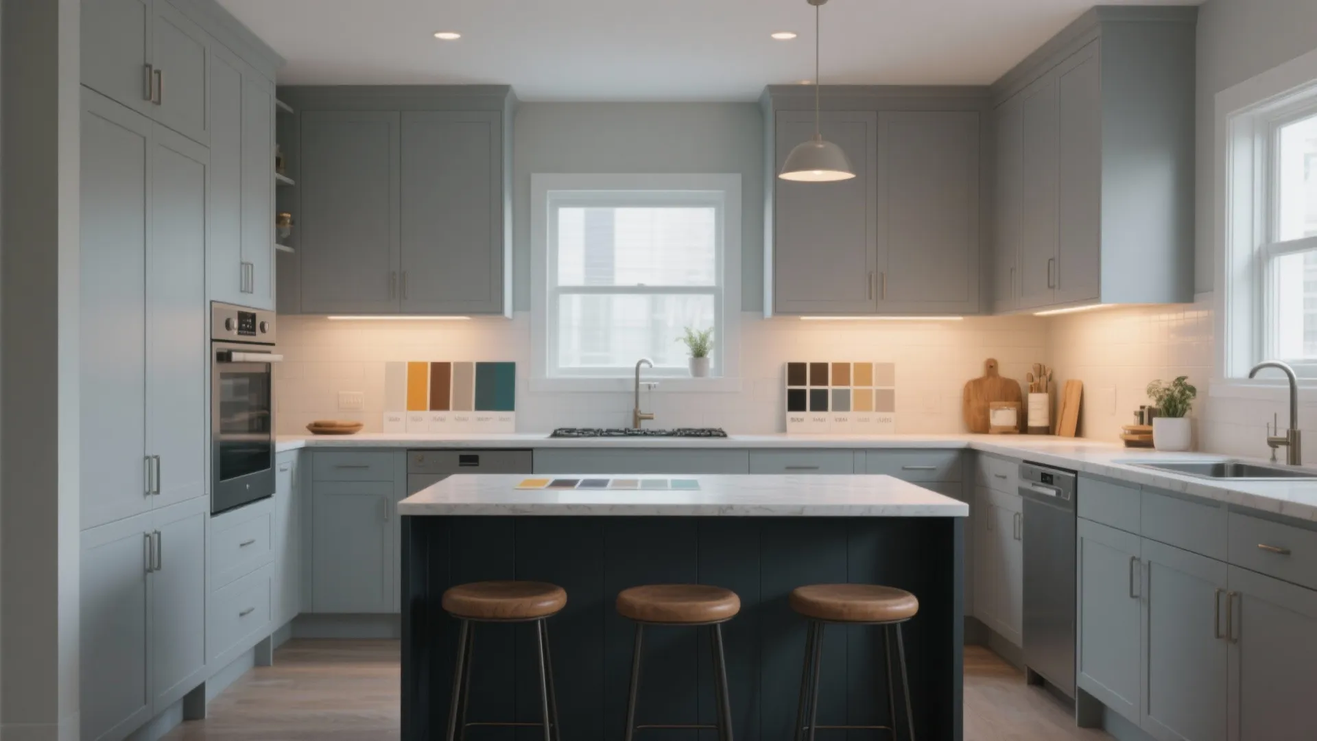 Small kitchen with light gray perimeter cabinets and a deep charcoal island focal point