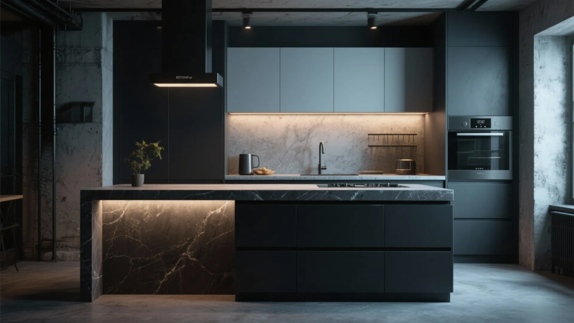 Modern dark kitchen featuring a marble island with lights black cabinets and built in oven