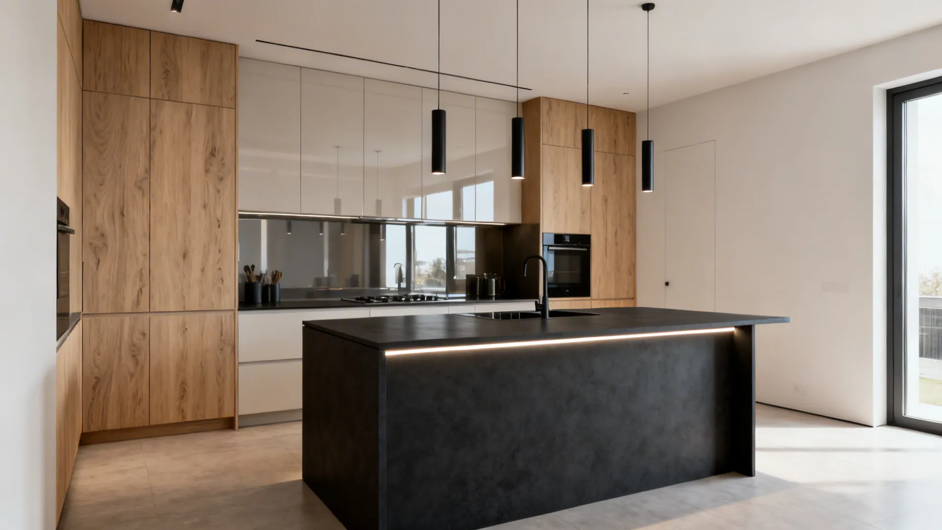 Modern kitchen with a black island wood cabinets white walls and four black ceiling lights