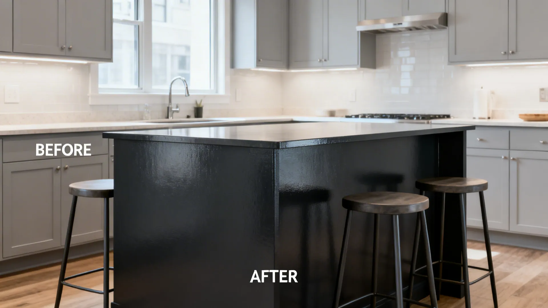 Small kitchen with a charcoal peninsula and pale grey perimeter cabinets after update.