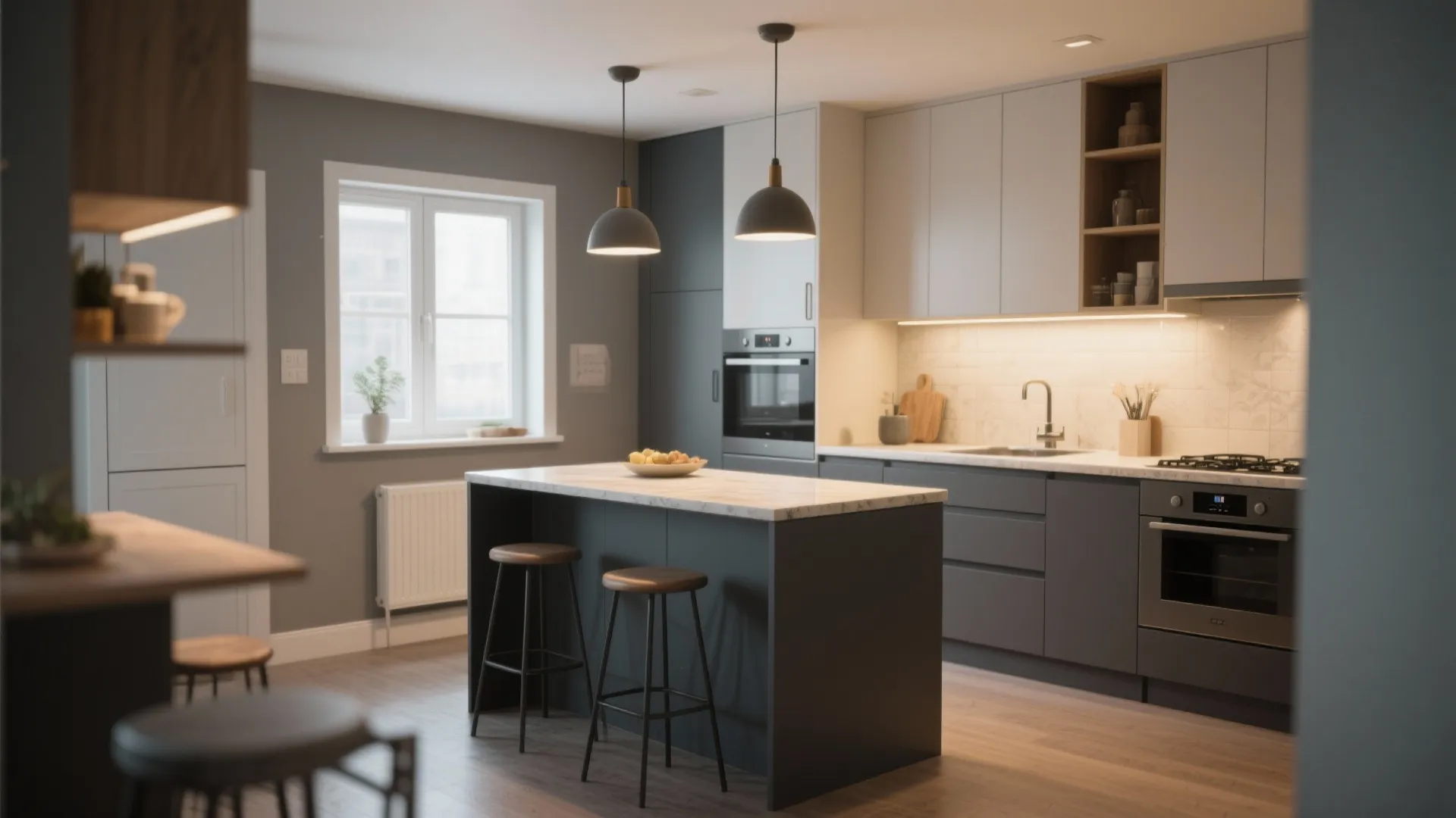Kitchen showing a charcoal island centered among light perimeter cabinets and pendant lights.
