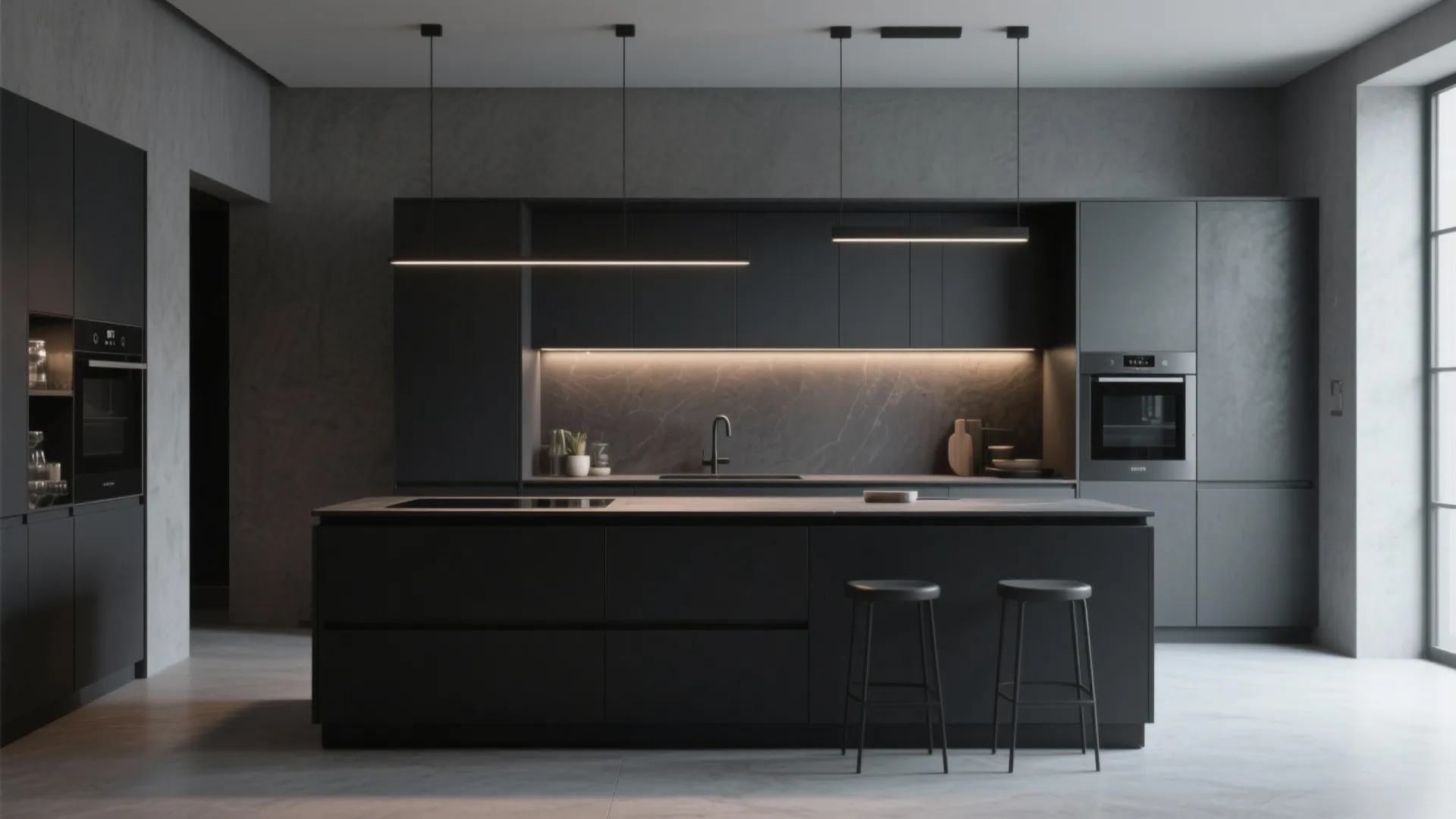 Modern black kitchen with large island black stools hanging ceiling lights and built in wall appliances