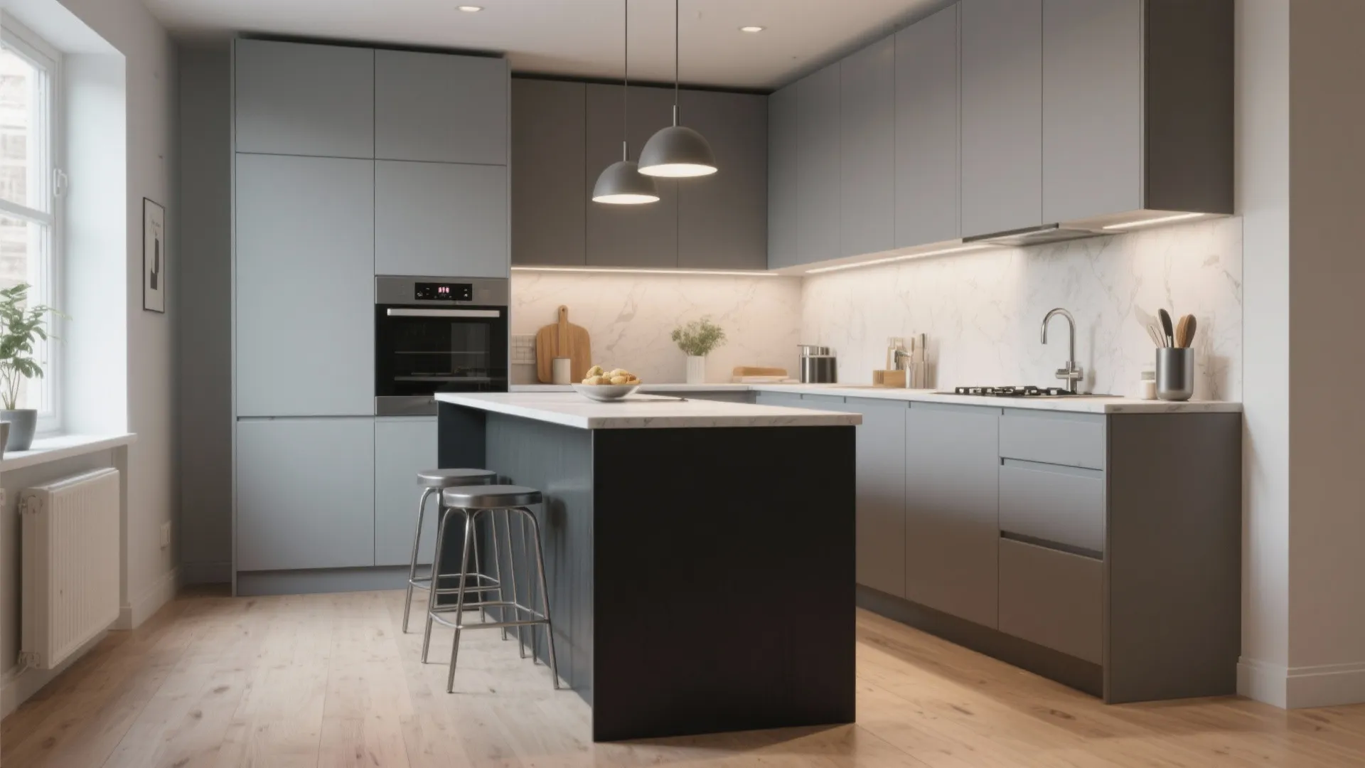 Small kitchen with a charcoal island and soft grey perimeter cabinets balanced by light flooring
