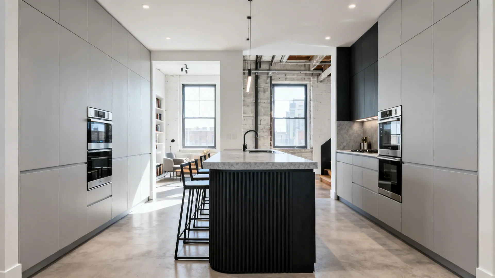 Small loft kitchen with pale grey perimeter and a charcoal island topped with light stone.