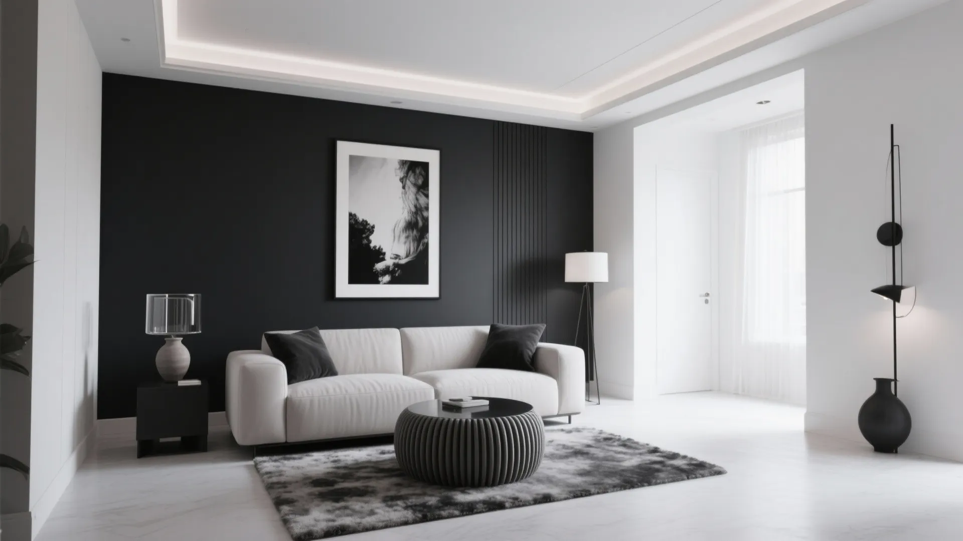 Small monochrome living room with a charcoal feature wall, ivory surroundings, plush rug, and black-and-white art.
