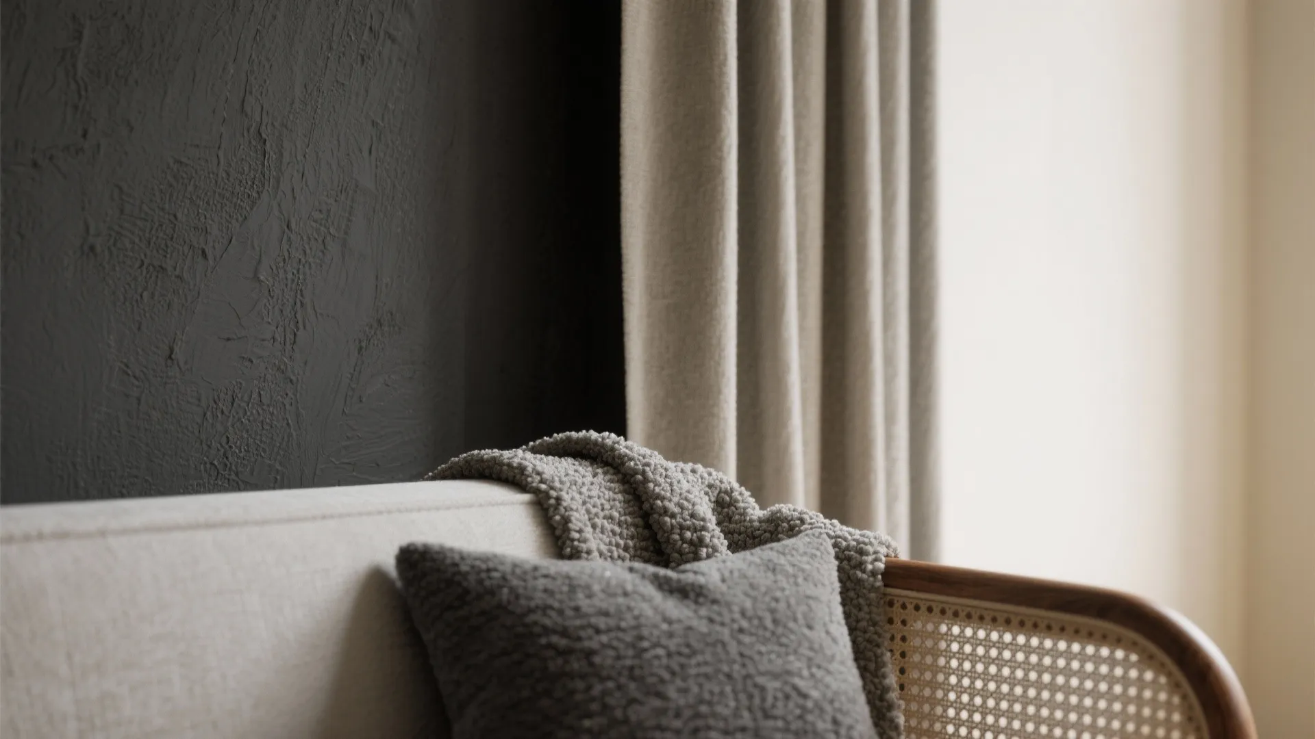 Close up of cream sofa with grey pillow, textured dark wall, and light brown curtain