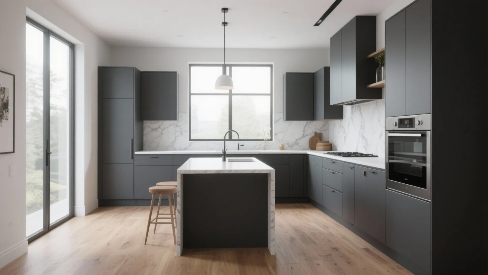 Minimalist grey kitchen with central island wood floor large window white walls and simple light fixture