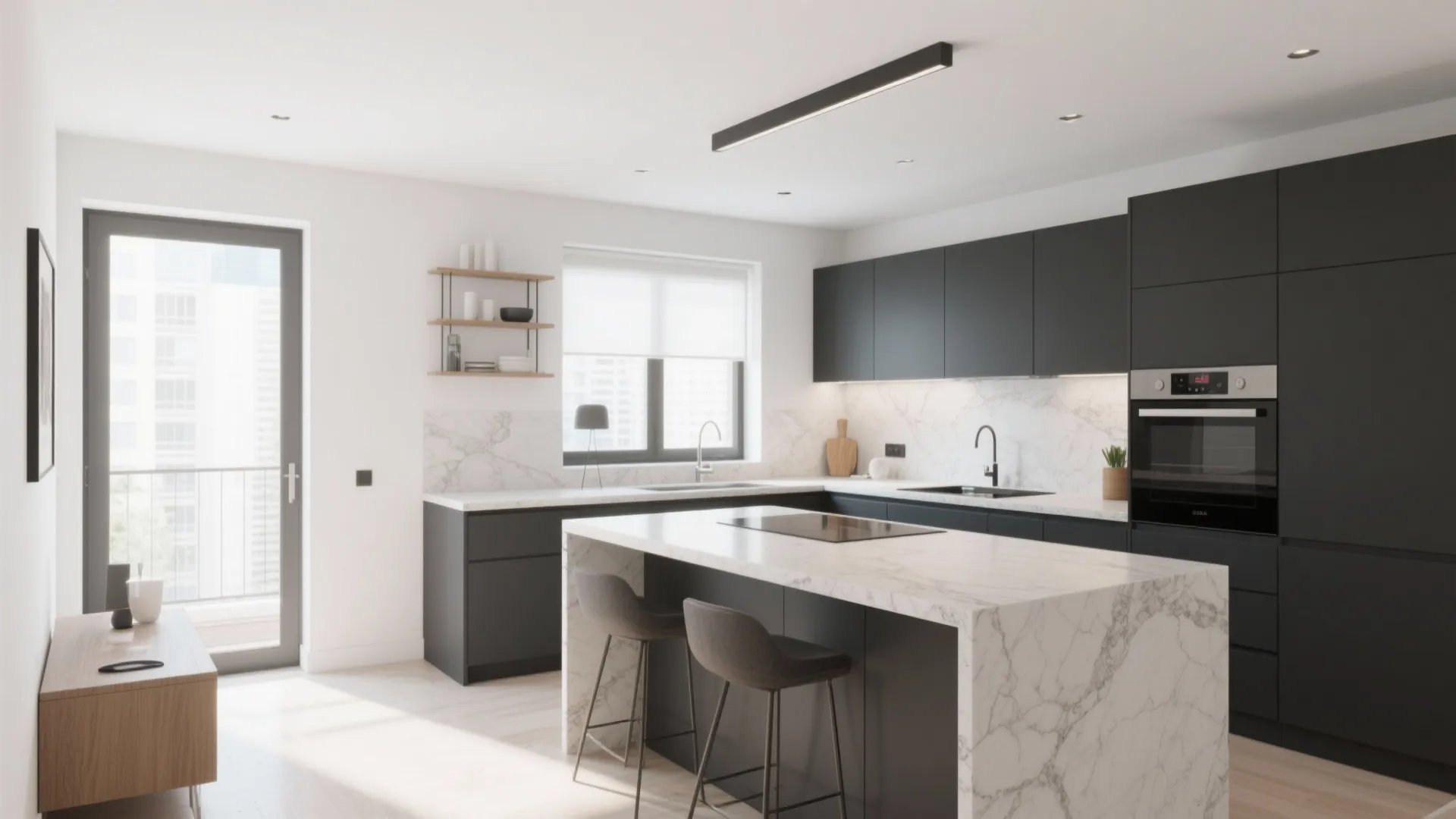 Charcoal kitchen cabinets contrasting with white walls