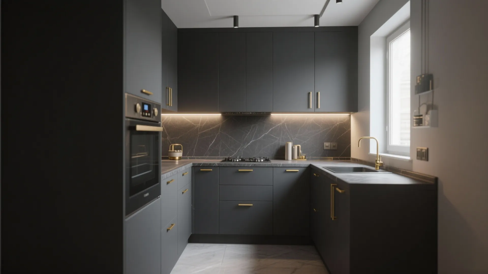 Modern charcoal grey kitchen with dark marble backsplash gold handles and built in oven appliances design