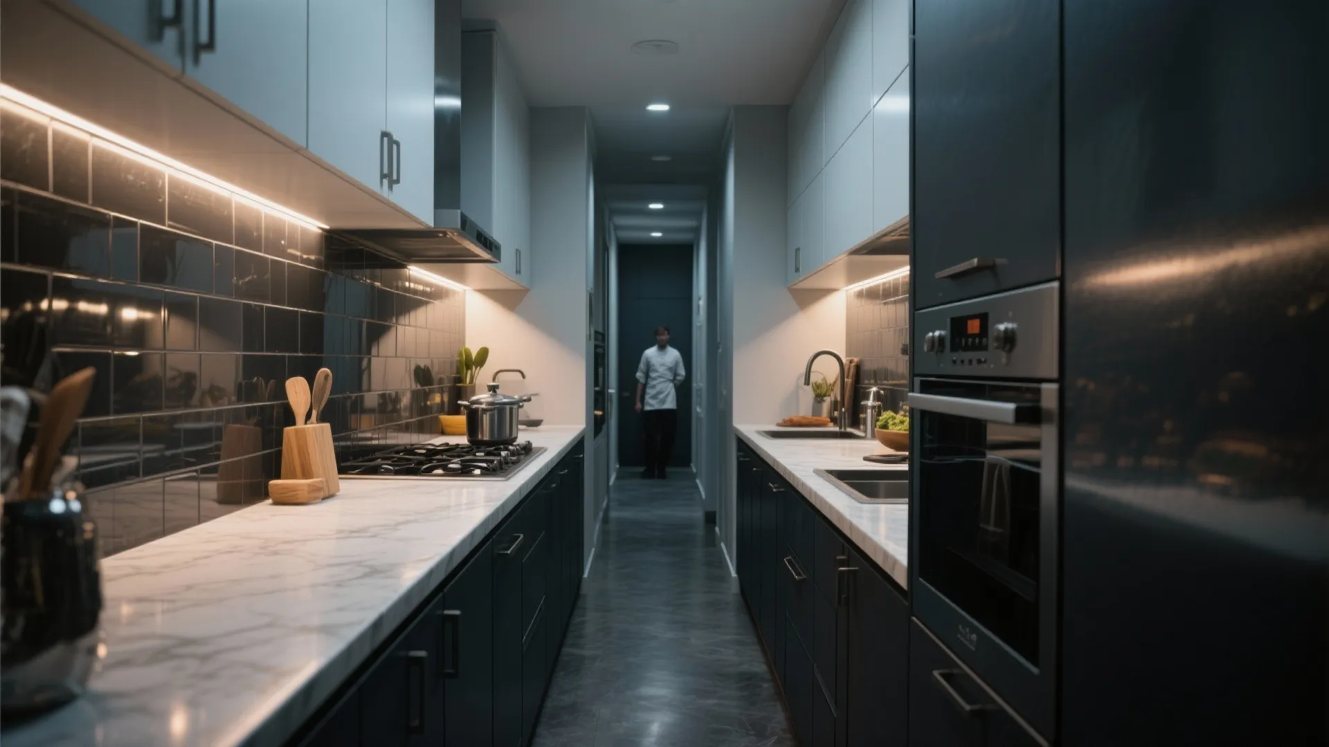 Narrow galley kitchen with deep charcoal lower cabinets and lighter upper cabinets balanced by reflective surfaces.
