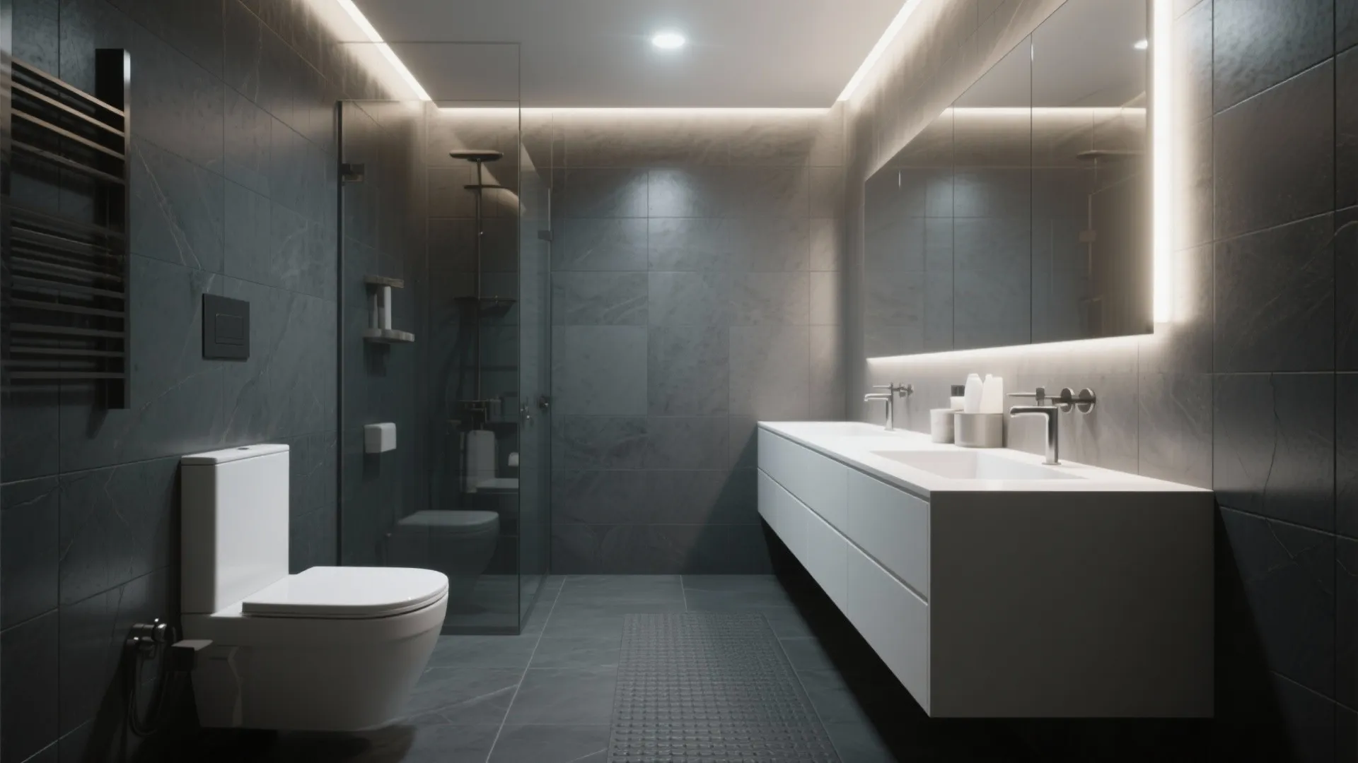 2. Large-format charcoal tiles for a moody look