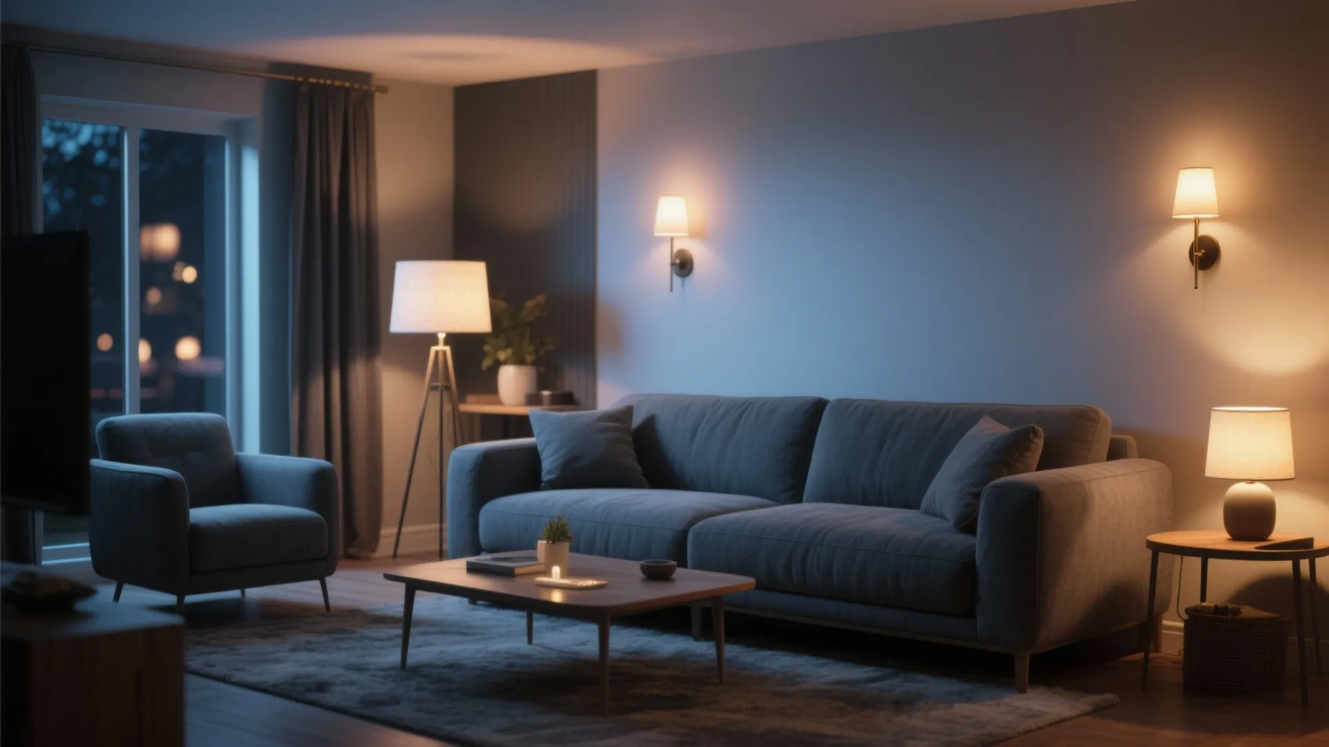 Modern living room with grey sofa armchair wooden coffee table floor lamp and warm wall lights