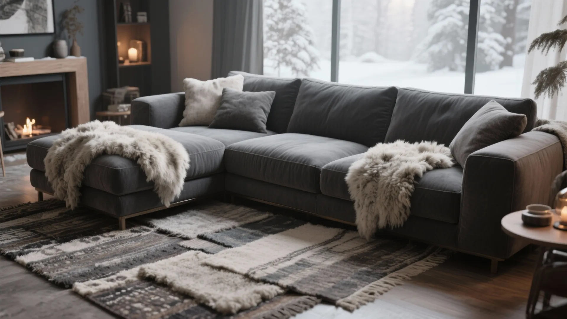 Dark grey sofa with white fluffy blankets on a patterned rug near a warm fireplace
