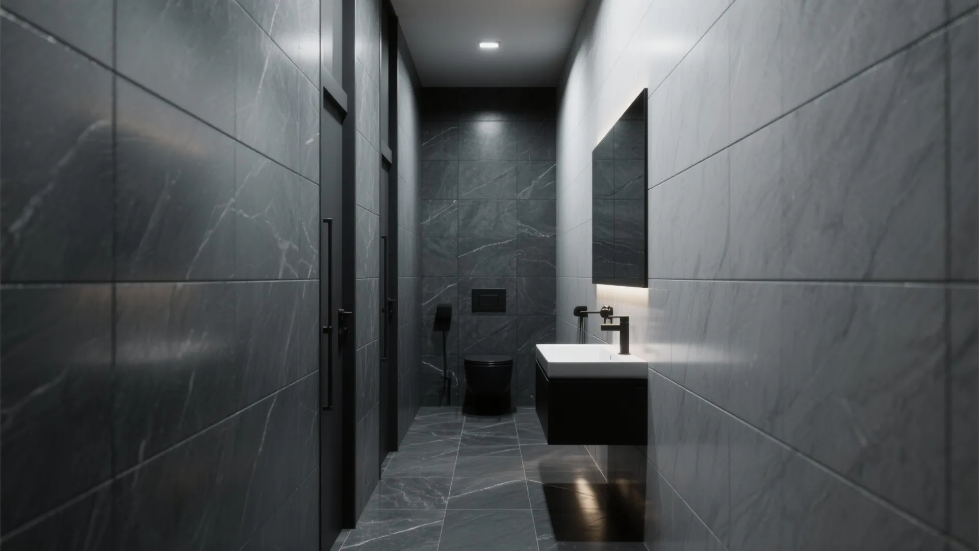 Modern dark grey bathroom with marble wall tiles black toilet white sink and large mirror