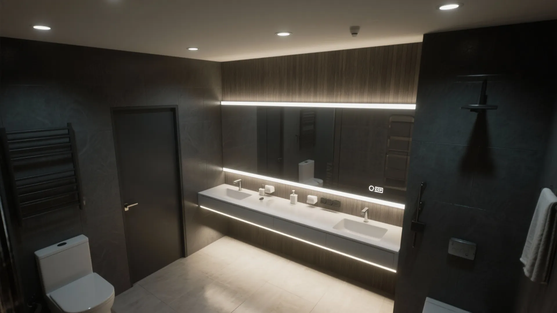 Dark modern bathroom with double sink vanity large glowing mirror and white toilet on floor