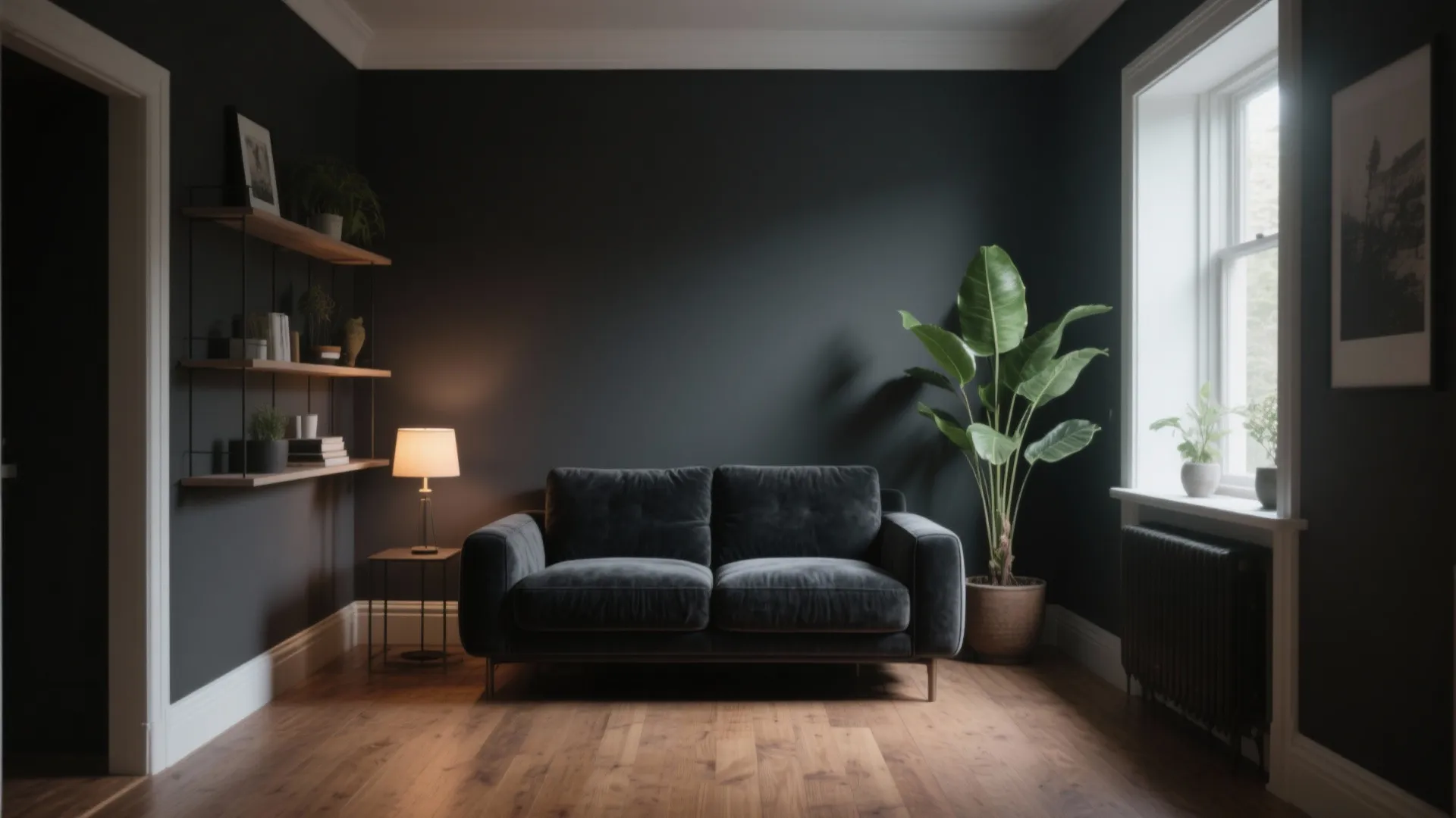 Modern dark grey living room with velvet sofa, wooden floor, floor plant, and table lamp