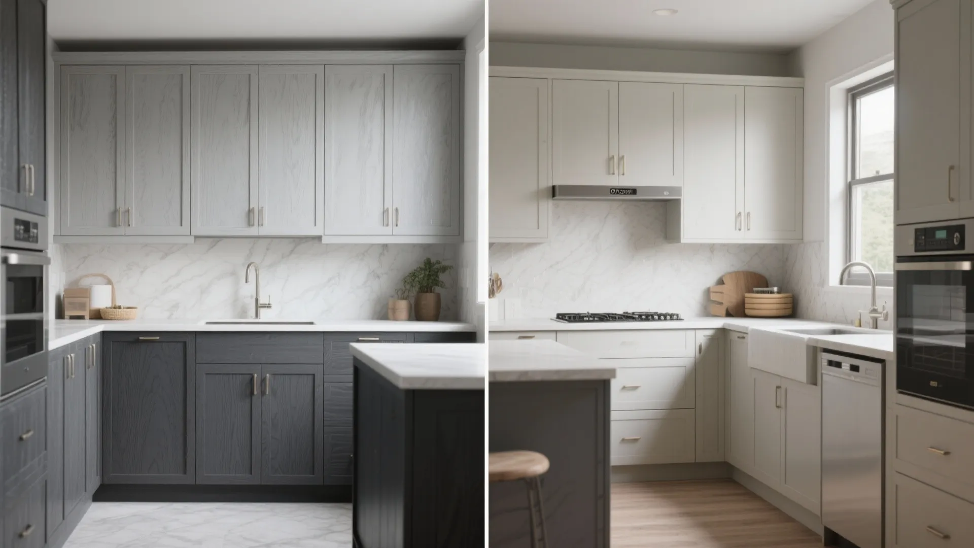 Side by side comparison of charcoal grey kitchen cabinets versus light grey kitchen cabinet designs