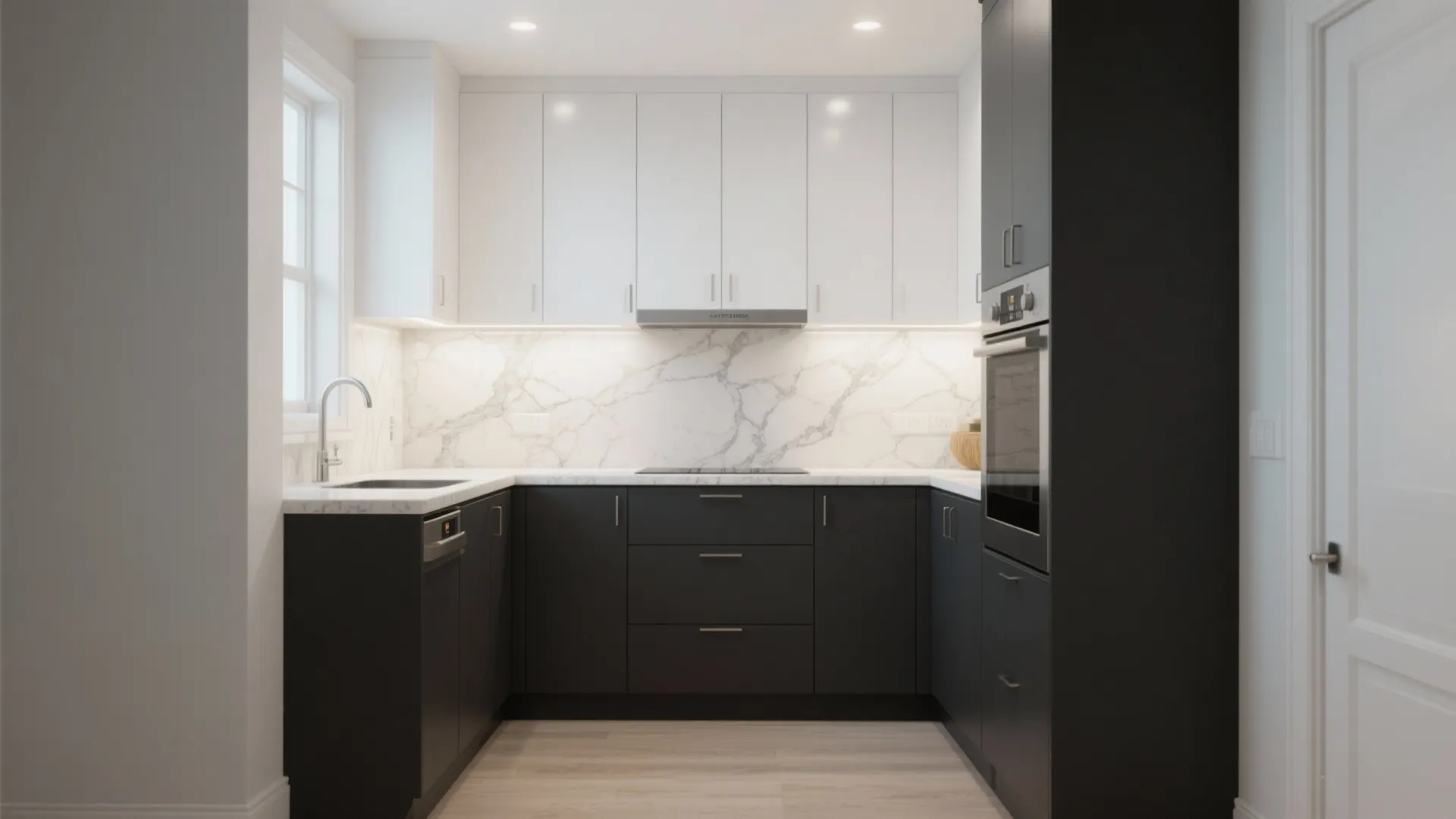 Kitchen with charcoal lower cabinets and crisp white upper cabinets with light countertops and bright backsplash.