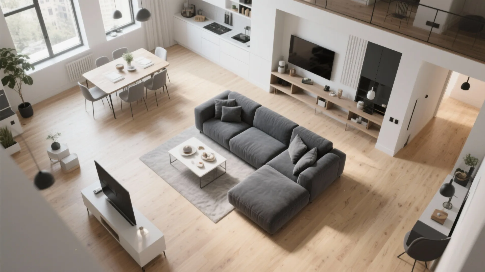 High angle interior design drawing of an open living room dining area and kitchen layout design