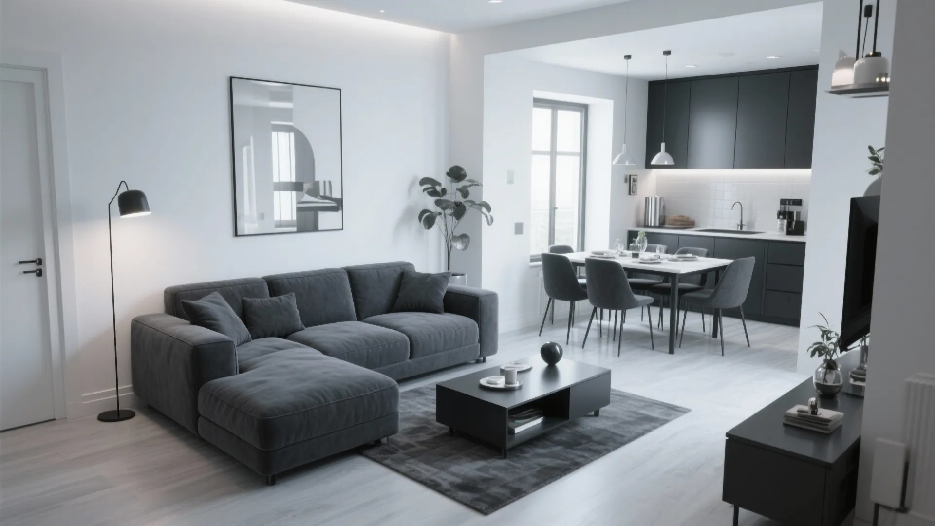 Charcoal grey L-shaped sofa dividing living and dining areas