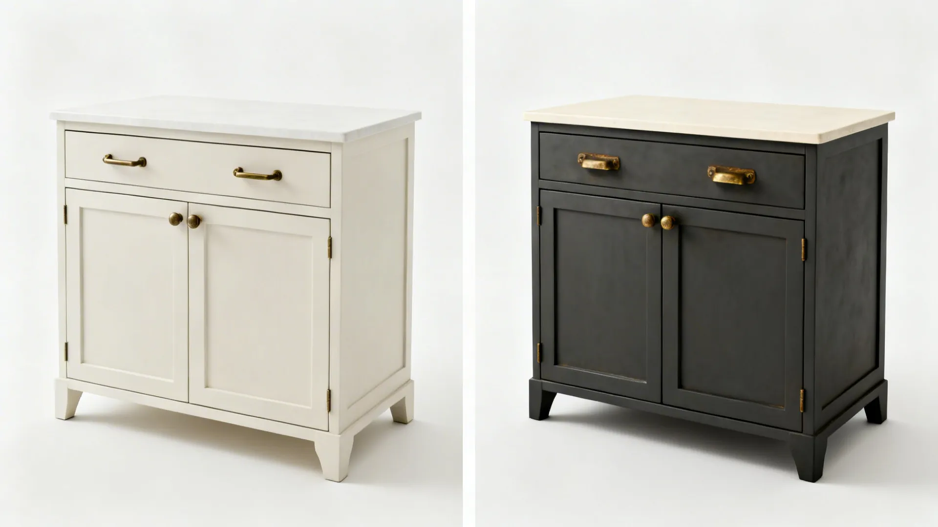 Before-and-after of a kitchen trolley from plain to charcoal matte with brass hardware