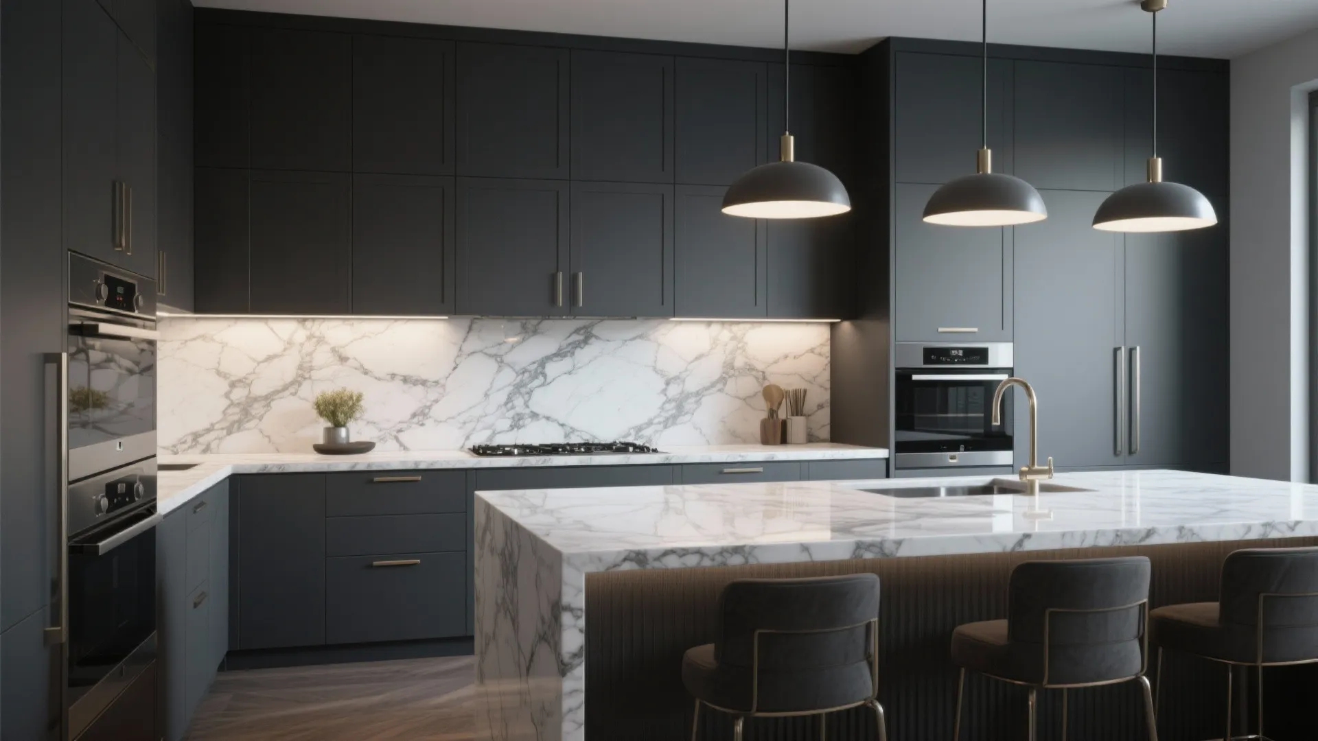 3. Charcoal Accent Wall and Marble Counters
