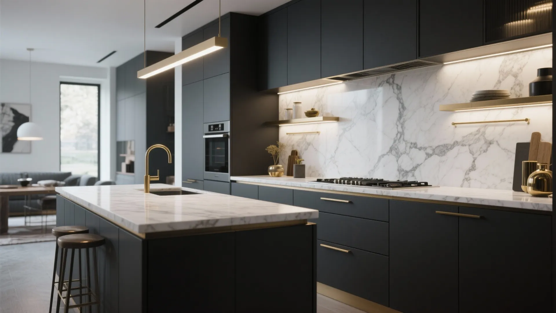 2. High-Contrast: Dark Grey Cabinets and White Marble