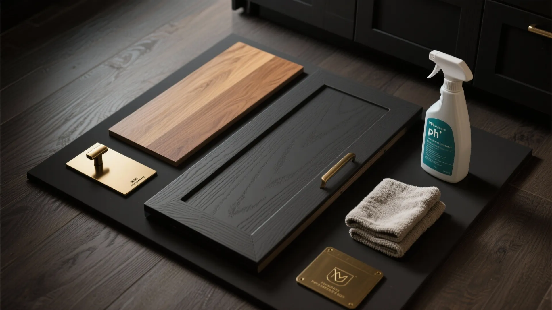 Flatlay of deep charcoal cabinet sample with wood and brass swatches and cleaning tools