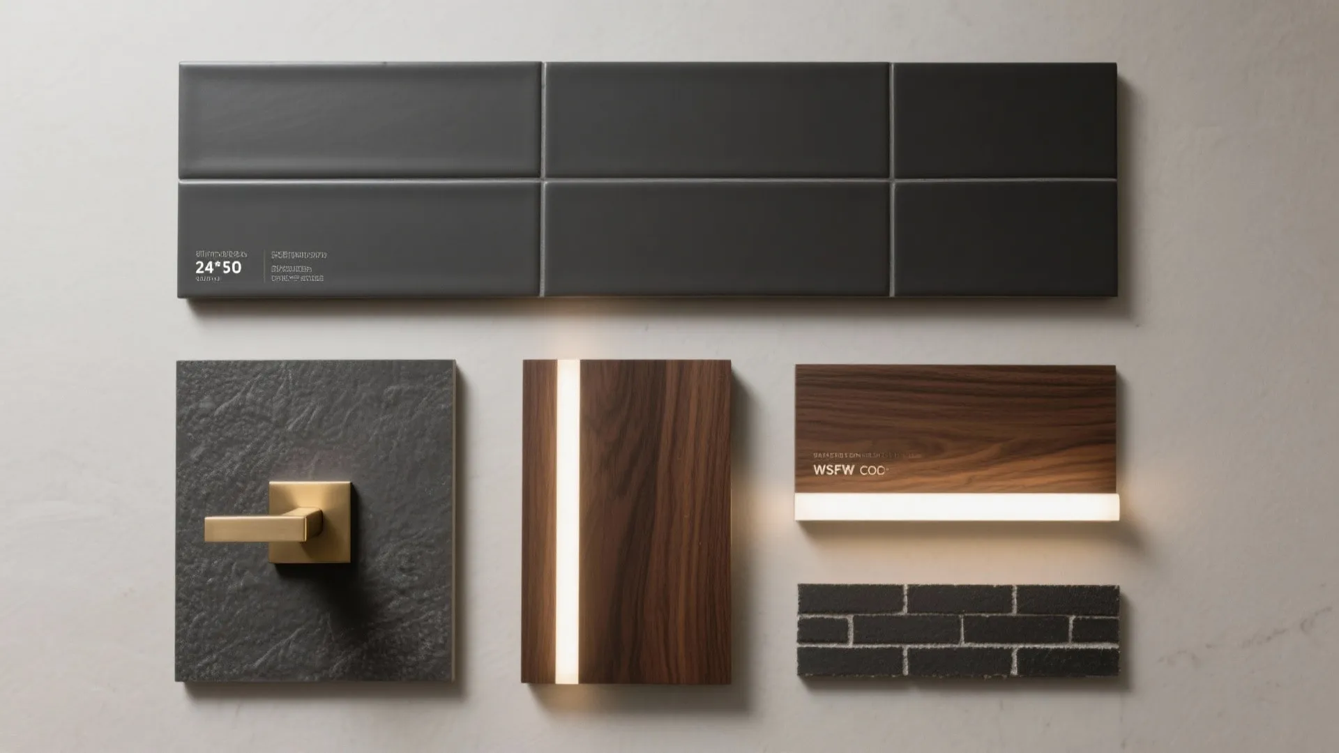 Flatlay of matte charcoal tile, brass hardware, walnut veneer, LED strip, and dark grout.