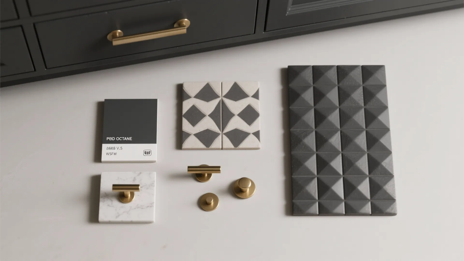 5. Charcoal cabinets with textured or patterned tiles