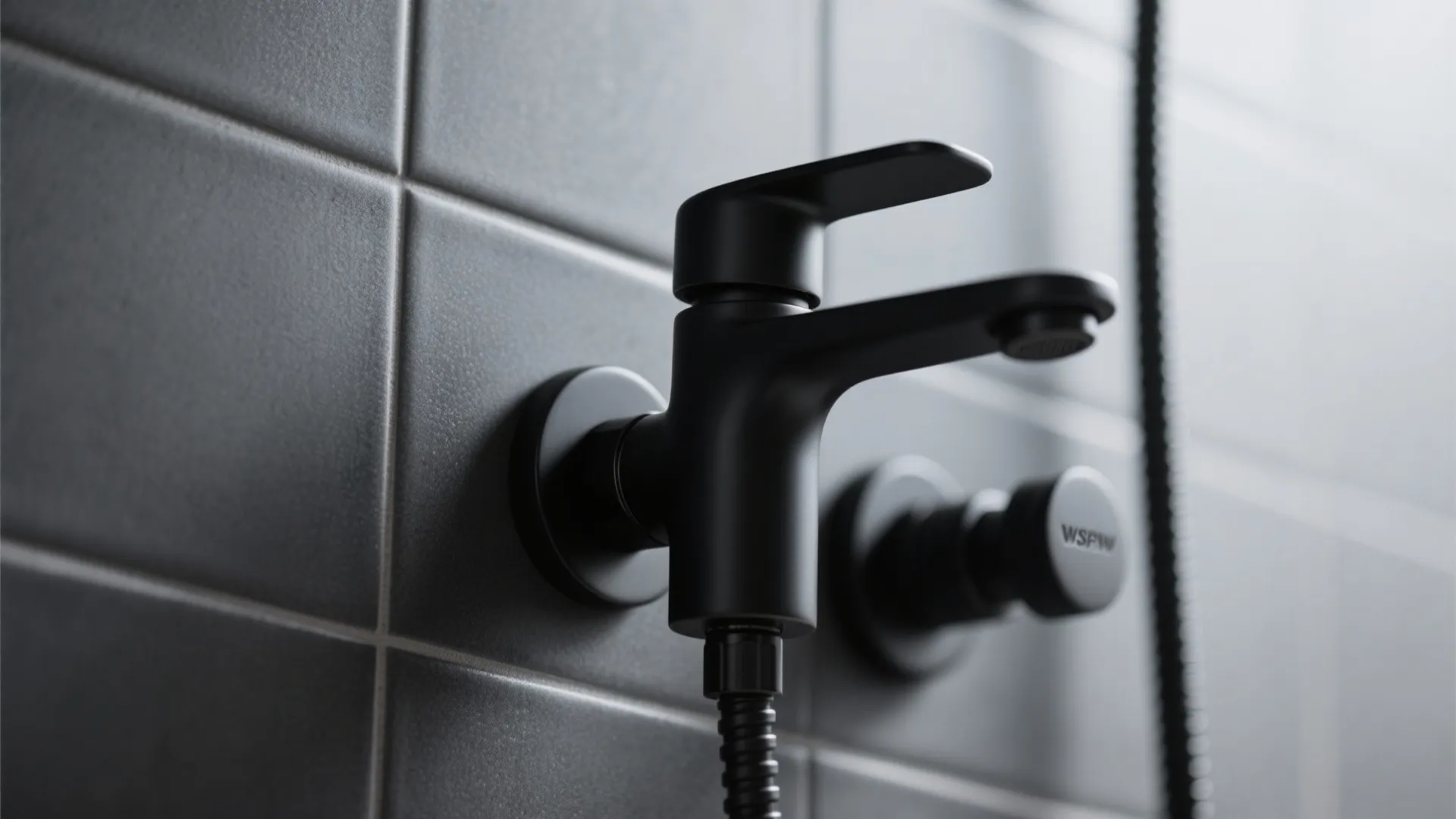 Close up of matte black shower faucet and control handle mounted on grey square wall tiles